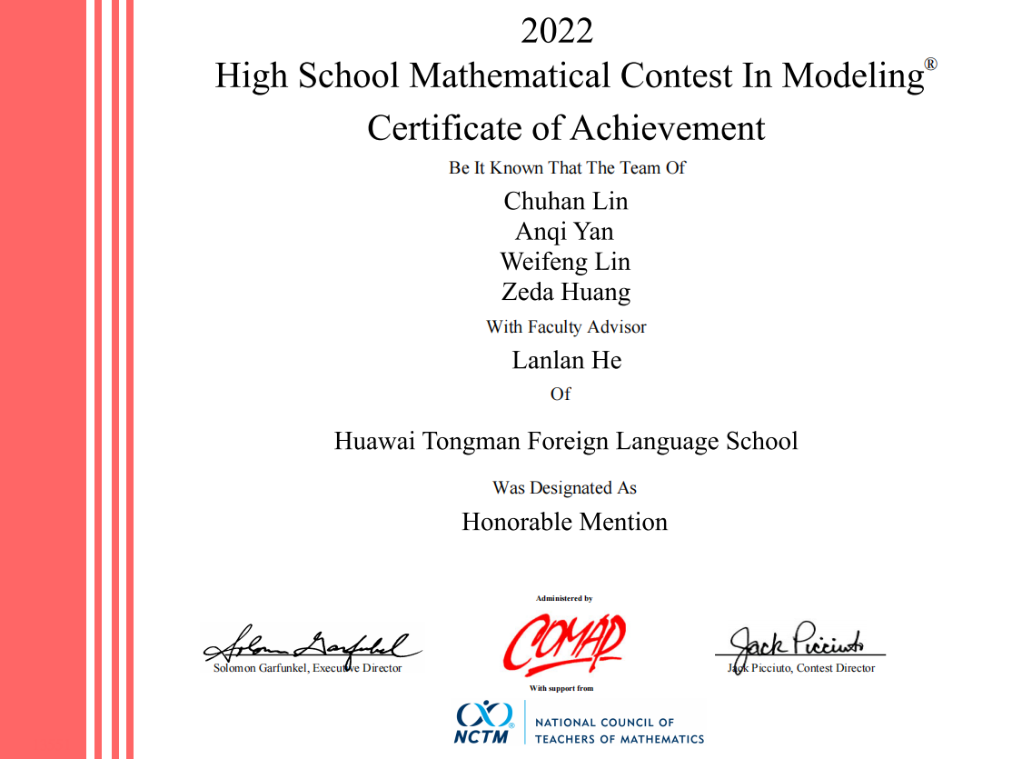 竞赛捷报 | 华外学子斩获HiMCM美国高中生数学建模竞赛二等奖